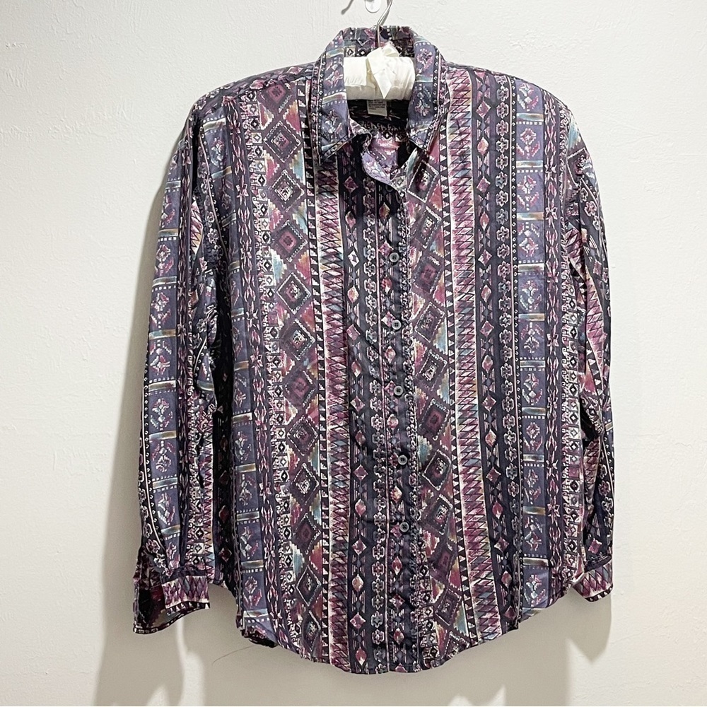 Vintage 80s SOPHISTICATES JONATHAN MARTIN Women’s Purple Aztec Print Silk Top m